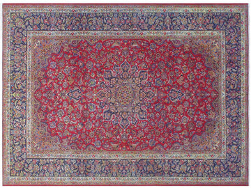 handmade Medallion, Traditional Kashan Red Blue Hand Knotted RECTANGLE 100% WOOL area rug 10x14